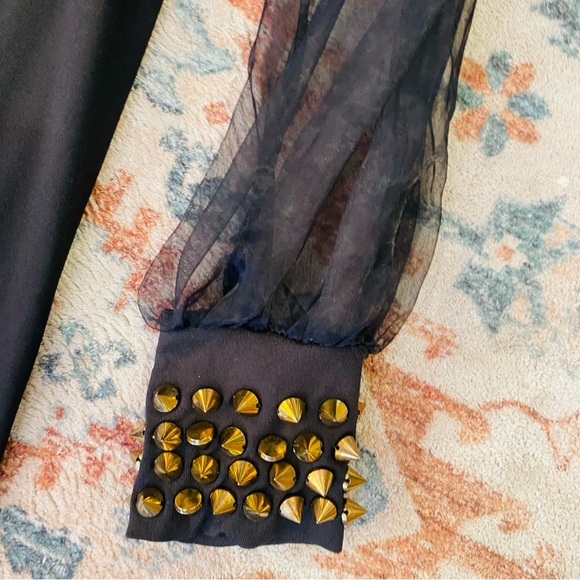 ⭐️ Black Long Sleeved Catsuit Jumpsuit With Sheer Sleeves and Studded Cuffs - Picture 8 of 8